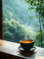 Steaming hot tea cup on wooden table with bamboo leaves and misty mountain forest background creating peaceful morning atmosphere for relaxation and mindfulness.