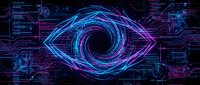 Digital eye with swirling energy patterns surrounded by futuristic circuit board elements in neon blue and purple colors for technology concepts.