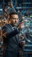 Middle-aged Caucasian businessman in suit touching holographic interface with checkmark in futuristic tech environment for business presentations.