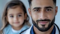 Middle Eastern father and young daughter smiling together in close-up portrait showing loving family bond and connection. Genuine expressions convey happiness and trust.