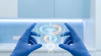 Medical professional wearing blue latex gloves holding glowing caduceus symbol, healthcare and medicine concept for hospital, clinic, pharmaceutical and wellness industry applications.