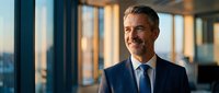 Confident middle-aged Caucasian businessman in navy suit smiling warmly in modern office with large windows and natural lighting for corporate success.