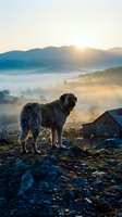 Shepherd dog standing on rocky terrain at sunrise with misty mountain valley and grazing sheep flock in background creating pastoral farming scene.