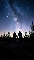 Silhouetted couple holding hands gazing at starry night sky with meteor shower and Milky Way galaxy above pine forest landscape. Romantic astronomy scene.