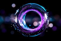 Glowing neon circle with blue and purple light trails on dark background, sparkling particles and bokeh effects create magical portal atmosphere.