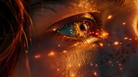 Mesmerizing close-up of a woman's eye with magical glowing embers and sparks floating around, reflecting golden light and mystical energy in an ethereal atmosphere.