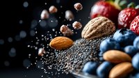 Fresh organic superfoods scattered on dark background with flying chia seeds, almonds, blueberries, cranberries and walnuts in dramatic lighting.
