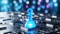 Glowing blue chess pawn on computer circuit board with bokeh lights representing artificial intelligence, strategic thinking and digital technology concepts.