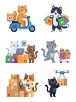 Cartoon cats engaged in shopping, delivery, and e-commerce activities. Orange tabby on scooter with package, black and white cat with shopping bags, white cat at laptop with brown cat and shopping bags, gray cat with shopping cart, orange cat with cardboard boxes and payment terminal, black cat with drone delivery box.
