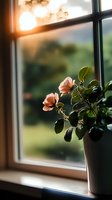 Delicate pink roses in white pot on windowsill at sunset, soft natural lighting creates dreamy atmosphere with blurred outdoor background and window frame silhouette.