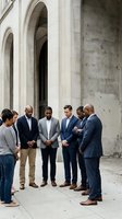 Group of diverse male professionals in business casual and formal attire discussing outdoors against modern architecture with arched columns, suitable for corporate, teamwork, and business meeting concepts.