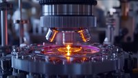 Microscope objective lenses focusing on glowing orange specimen plate in modern laboratory setting with precise optical equipment and metallic components.