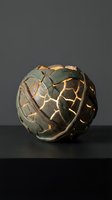 Spherical ceramic vessel with crackle glaze pattern and warm golden light emanating from interior, featuring organic segmented design for decorative home accent and contemporary art installations.