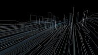 Abstract digital wireframe cityscape with flowing lines and geometric buildings on black background for modern technology and urban design concepts.