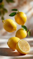 Fresh ripe yellow lemons with green leaves floating in air against light background, one cut in half showing juicy flesh, casting soft shadows.