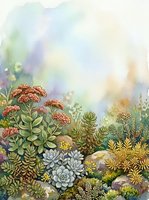 Watercolor succulent garden with colorful flowers and soft pastel background for botanical art and nature design projects.