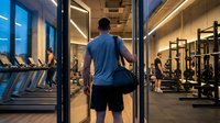 Athletic man entering modern fitness center with gym bag, ready for workout session in well-equipped facility with cardio and weight training areas.