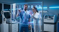 Male and female doctors analyzing holographic DNA structure in modern medical laboratory with advanced technology equipment.