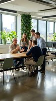 Diverse team of five professionals gathered around wooden table in modern office with floor-to-ceiling windows, green plants, and city skyline view during collaborative meeting or brainstorming session.