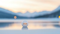 Crystal ball with number 2026 on frozen lake surface at sunset, mountains silhouette in background, peaceful winter landscape with bokeh lights reflecting on ice.