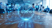 Digital clock hologram displaying time in modern office environment with network connections and data visualization overlay for business presentations.
