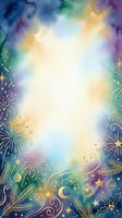Watercolor celebration background with fireworks, stars, and ornamental flourishes in gold, blue, purple, and green tones, featuring festive decorative elements and copy space.