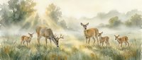 Watercolor deer family grazing in misty morning meadow with soft golden sunlight filtering through trees creating peaceful wildlife scene.