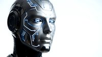Futuristic android robot head with glowing blue circuit patterns and metallic silver finish on white background for technology and AI concepts.