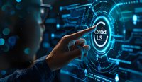 Male hand touching digital contact us button on virtual screen with futuristic blue technology interface and circuit pattern background for customer service concept.