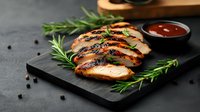 Grilled chicken breast slices with fresh rosemary sprigs and peppercorns served on black stone board, barbecue sauce in bowl, dark food photography.