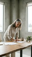 Mature Caucasian businesswoman writing notes at wooden desk in modern office with concrete walls and natural light for professional workspace concepts.