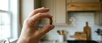 Hand holding vitamin capsule in kitchen, supplement and wellness concept for health and nutrition design.
