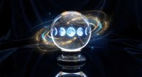 Mystical crystal ball displaying lunar phases surrounded by cosmic energy and starlight against dark space background for spiritual and astrology concepts.