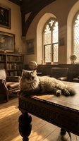 Fluffy gray Persian cat resting on antique carved wooden desk in sunlit vintage library with gothic arched windows and bookshelves.