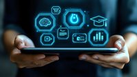 Digital education icons floating over tablet device in hands showing online learning interface with glowing blue hexagonal symbols for remote study and e-learning concept.