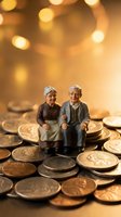 Senior elderly couple figurines sitting on golden coins with warm bokeh lights representing retirement savings and financial security planning.