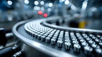 Pharmaceutical manufacturing line with medicine capsules moving on curved conveyor belt in modern production facility.
