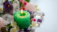 Green candle burning surrounded by colorful gemstones and white flowers creating peaceful spa meditation atmosphere for wellness and relaxation rituals.