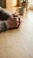 Elderly hands clasped in prayer on wooden table with coffee cup in warm home setting conveying faith, contemplation and peaceful morning routine.