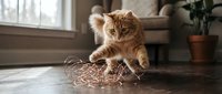 Ginger tabby cat playing with string toy on wooden floor indoors, curious pet behavior and interactive playtime for feline enrichment.