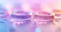 Water drops on reflective surface with pink and blue gradient lighting creating magical macro photography effect with bokeh and light refraction.