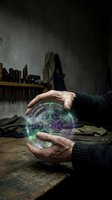 Elderly hands holding glowing holographic sacred geometry sphere in dark workshop with mystical energy and spiritual symbols for meditation and healing practices.