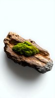Vibrant green moss growing on weathered driftwood piece isolated on white background, perfect for nature-inspired design projects.