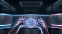 Young adult with medium skin tone holding glowing geometric hologram between hands in futuristic tech environment, suitable for technology, innovation, artificial intelligence, and digital transformation concepts.