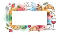 Culinary frame with chef hat, pastries, fruits, wine glass and kitchen utensils on white background. Food border design for restaurant menus and cooking content.