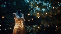 Illuminated elegant dress on mannequin in twilight garden with string lights creating magical atmosphere for fashion photography.