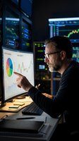 Middle-aged male analyst wearing glasses examines financial data on monitor displaying pie and line charts in dark control room with multiple trading screens showing market data.