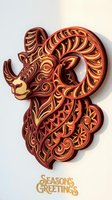 Ornate ram head with intricate carved details in burgundy and gold tones, featuring decorative scrollwork and layered patterns, isolated on white background for holiday greeting cards and seasonal designs.