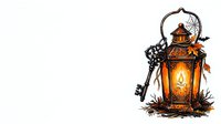 Ornate lantern with glowing candle flame surrounded by autumn leaves, branches, and bats on isolated white background, suitable for fall designs and seasonal graphics.