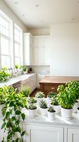 Modern white kitchen interior with fresh green plants on marble countertop creating natural home decor atmosphere for cooking and dining spaces.